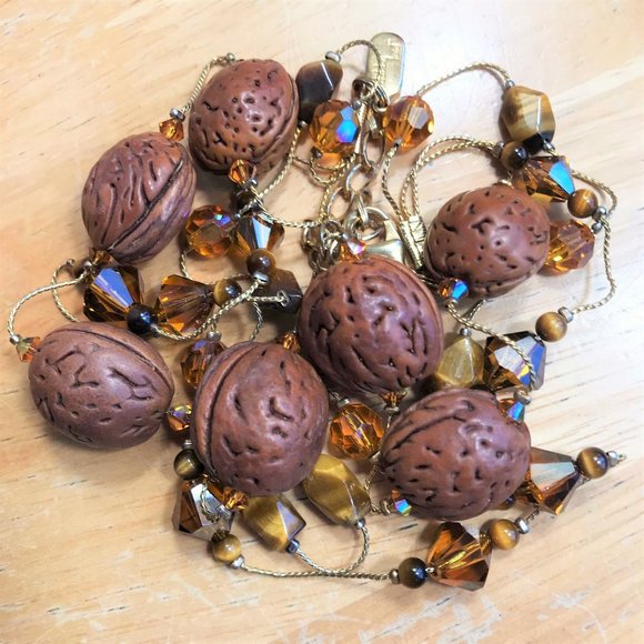 Dabby Reid Necklace Swarovski Crystal Tigers Eye Seed Gold Plated Chain Signed - Picture 2 of 9